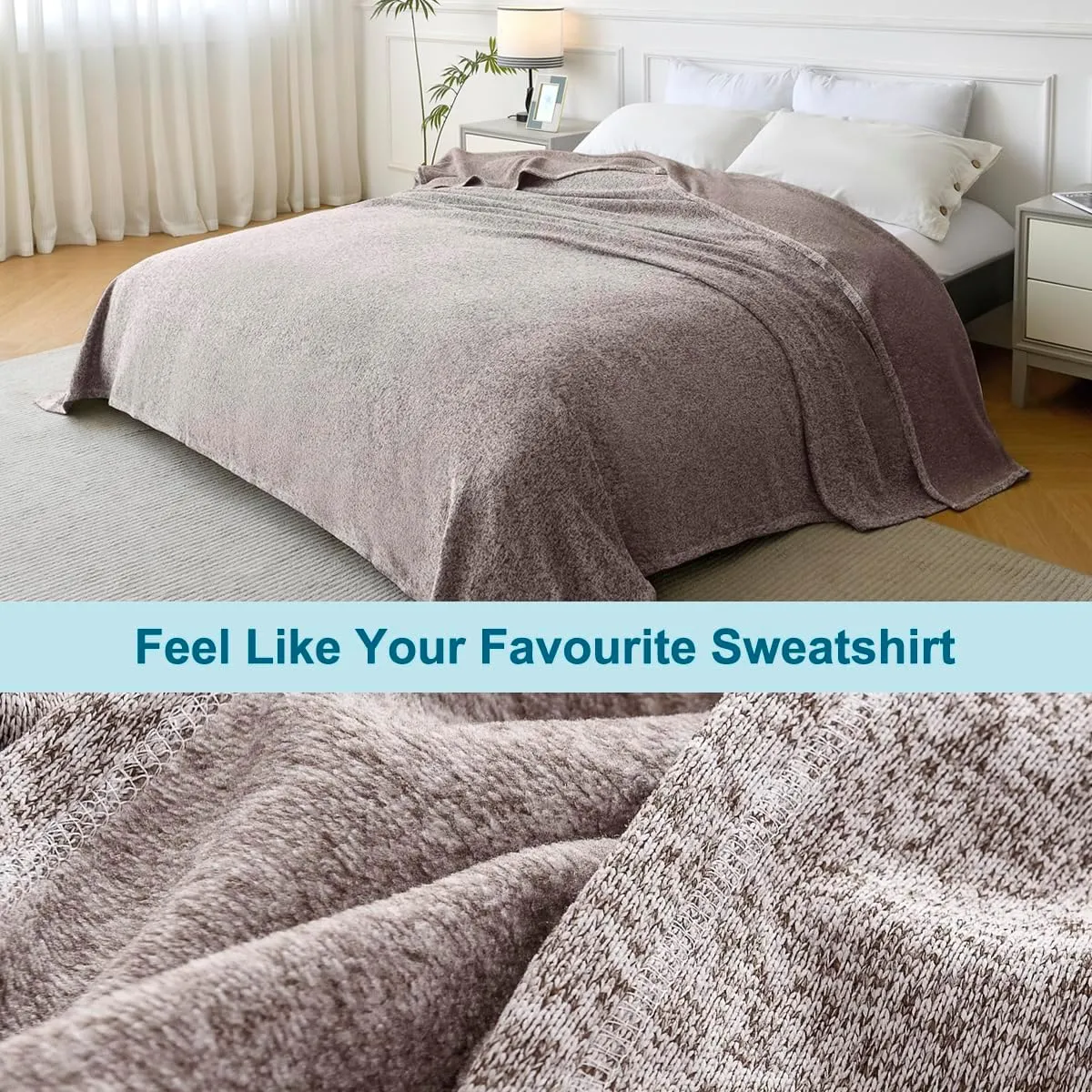 KAWAHOME Summer Sweatshirt Throw Blanket for Bed-Lightweight Breathable Blankets,Soft Thin Knit Jersey Throw Blanket for Hot Sleepers,50 X 60 Inches, Heather Brown