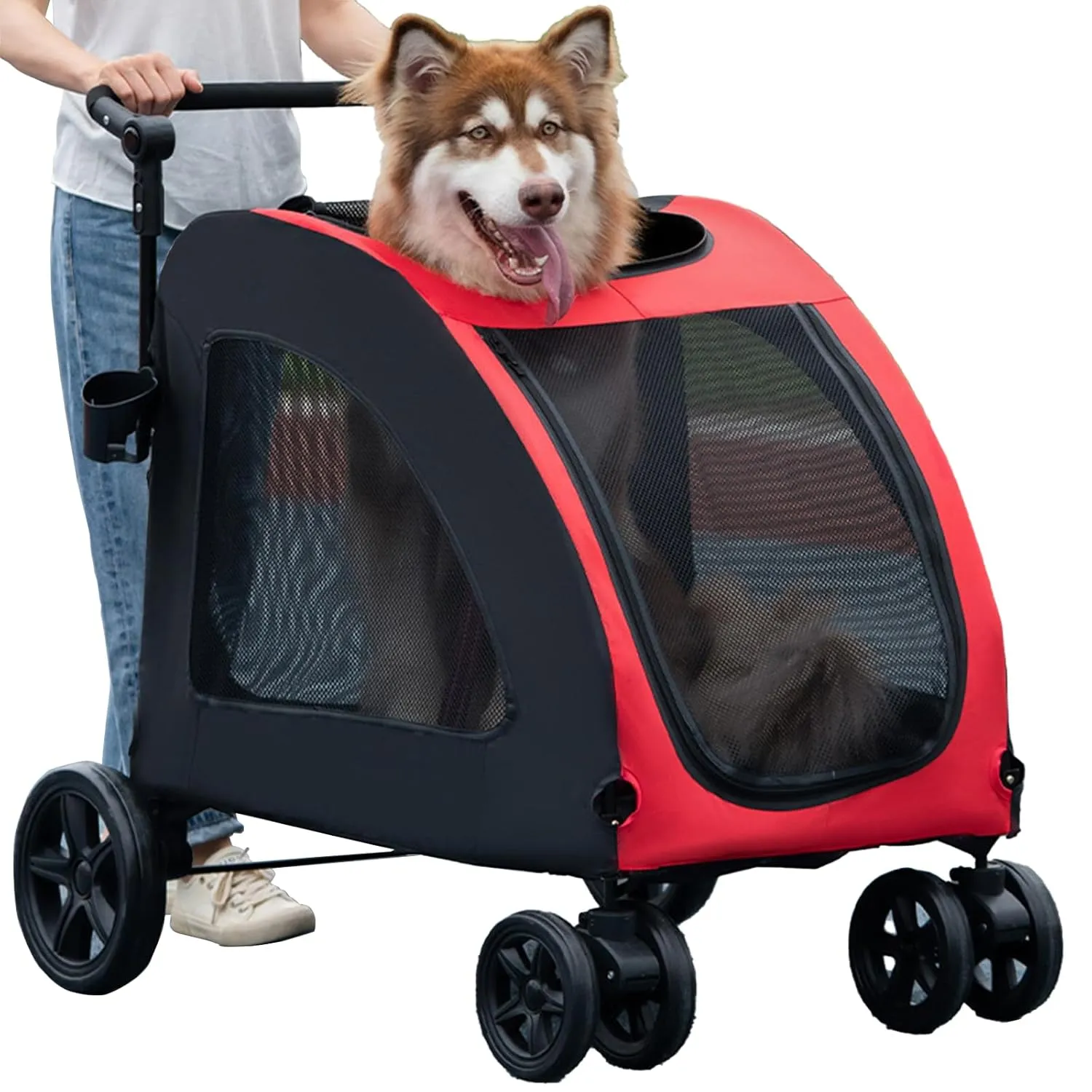 Large Dog Stroller, Removable Cushion Adjustable Handle Foldable 4 Wheel Pet Stroller, Front and Back Access to Dog Wagon for 150 lbs or 2 Medium Dogs (Red)