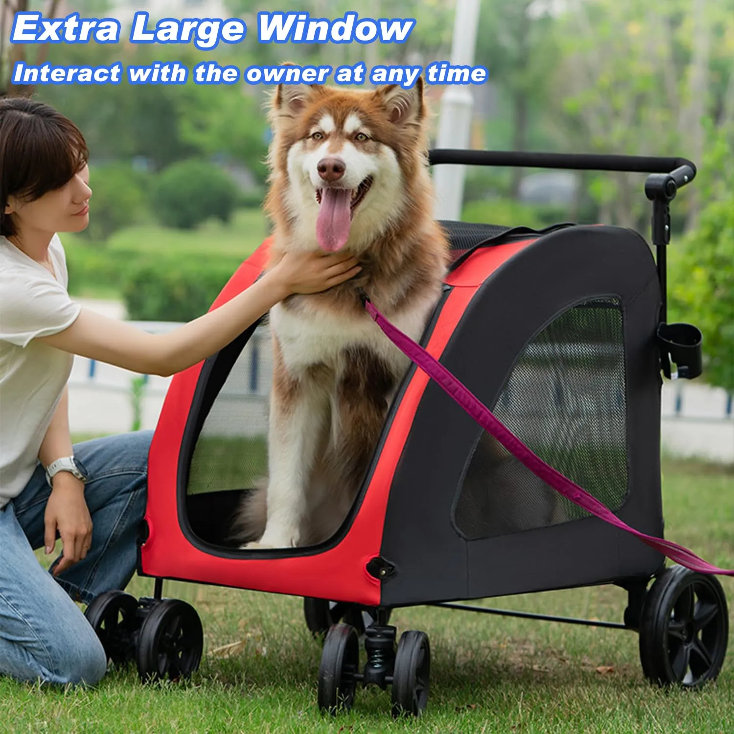 Large Dog Stroller, Removable Cushion Adjustable Handle Foldable 4 Wheel Pet Stroller, Front and Back Access to Dog Wagon for 150 lbs or 2 Medium Dogs (Red)
