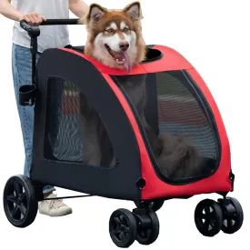 Large Dog Stroller, Removable Cushion Adjustable Handle Foldable 4 Wheel Pet Stroller, Front and Back Access to Dog Wagon for 150 lbs or 2 Medium Dogs (Red)