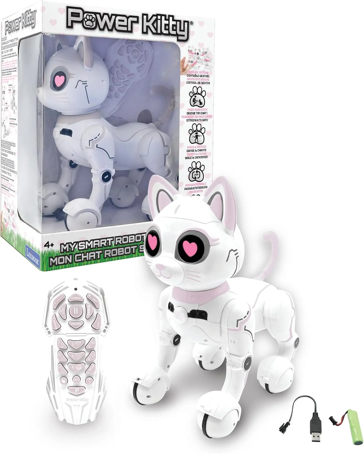 Lexibook - Power Kitty - Remote Control Robot Cat, Programmable Smart Robot, Light, Sound, White/Pink - KITTY01