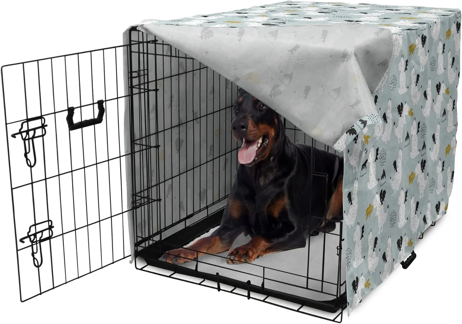 Lunarable Fantasy Dog Crate Cover, Art Scandinavian Pattern of Dragons, Easy to Use Pet Kennel Cover for Medium Large Dogs, 42 Inch, Blue Grey Fawn White