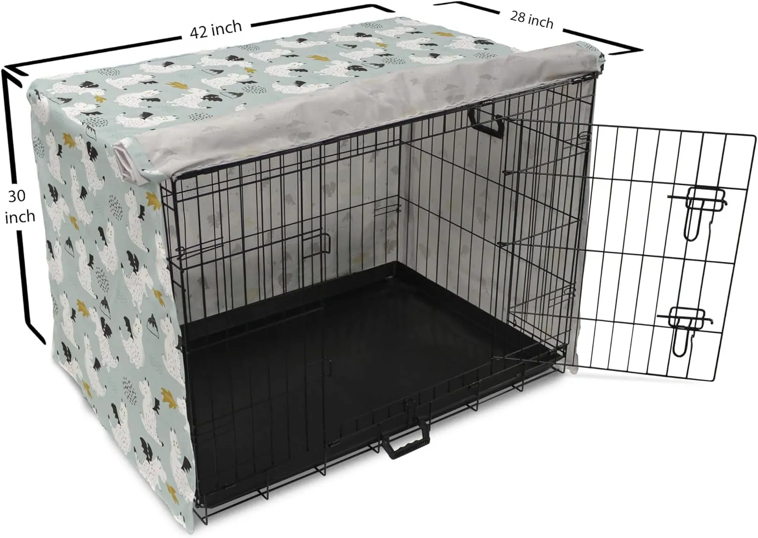 Lunarable Fantasy Dog Crate Cover, Art Scandinavian Pattern of Dragons, Easy to Use Pet Kennel Cover for Medium Large Dogs, 42 Inch, Blue Grey Fawn White