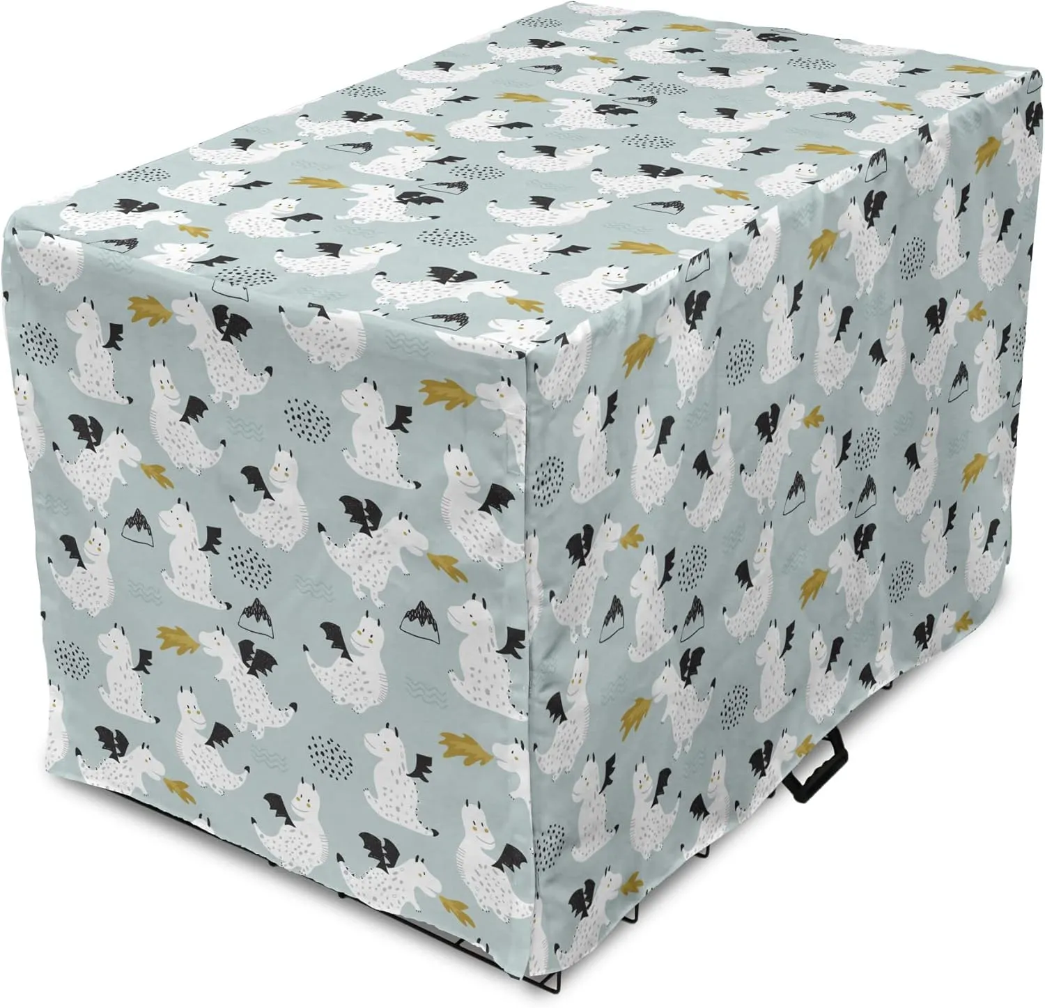 Lunarable Fantasy Dog Crate Cover, Art Scandinavian Pattern of Dragons, Easy to Use Pet Kennel Cover for Medium Large Dogs, 42 Inch, Blue Grey Fawn White