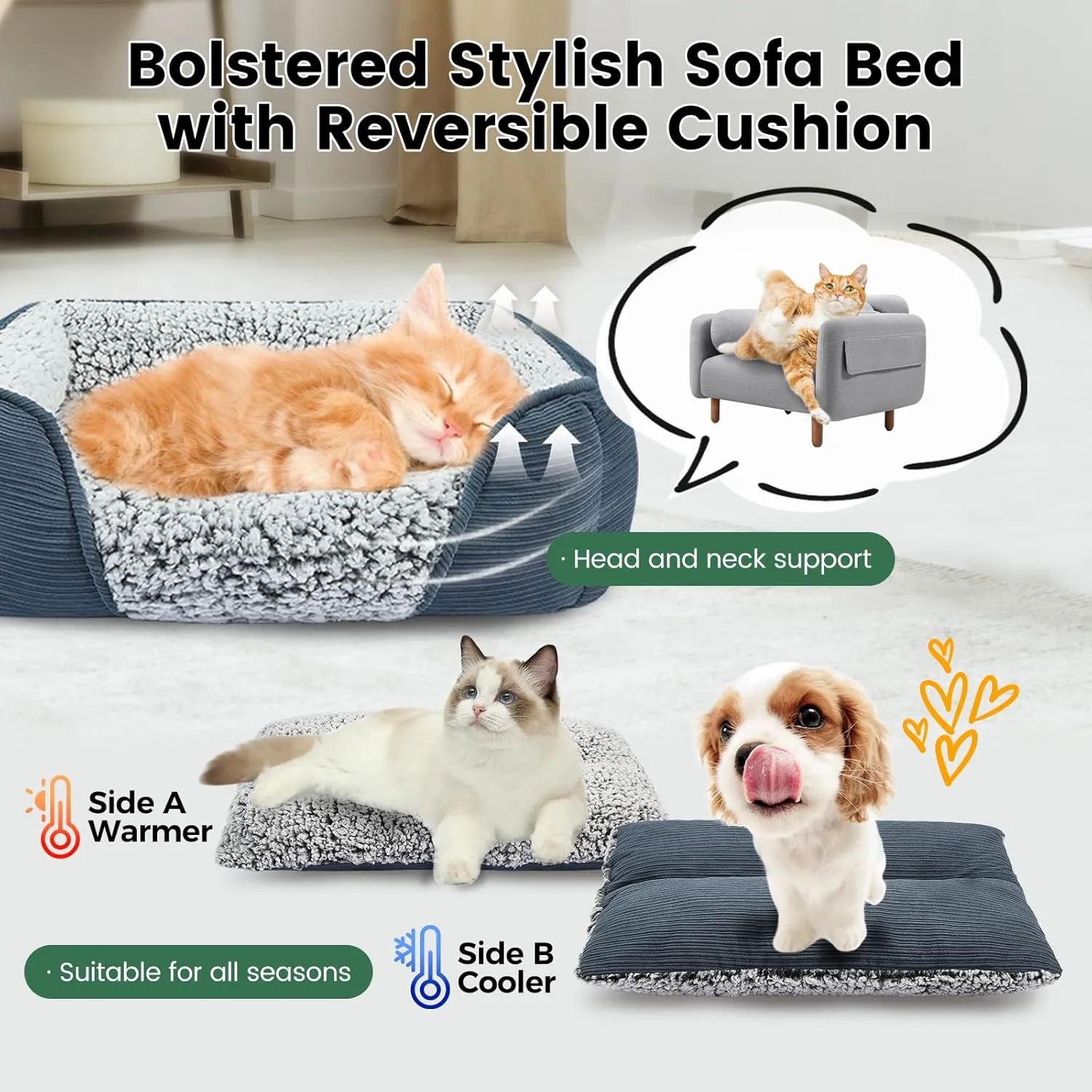 Miguel Washable Cat Beds for Indoor Cats with Removable Cushion, Easy to Wash Small Pet Sofa Bed with Side, Rectangle Bolster Kitten Bed Calming Cuddle Puppy Bed with Anti-Slip Bottom, Blue 18 Inch