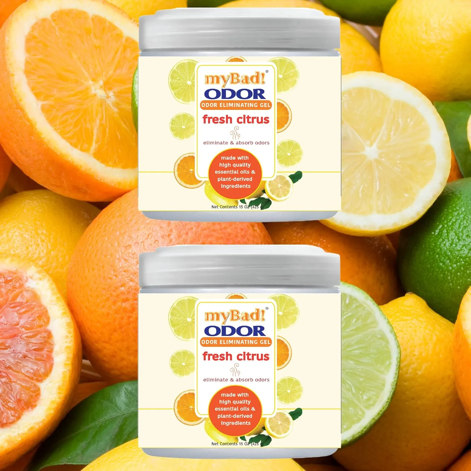 Odor Eliminator Essential Oil Gel 15 oz - Air Freshener - Eliminates Odors in Bathroom, Pet Area, Closets, RVs, Pet Areas (Fresh Citrus, 2 Pack)