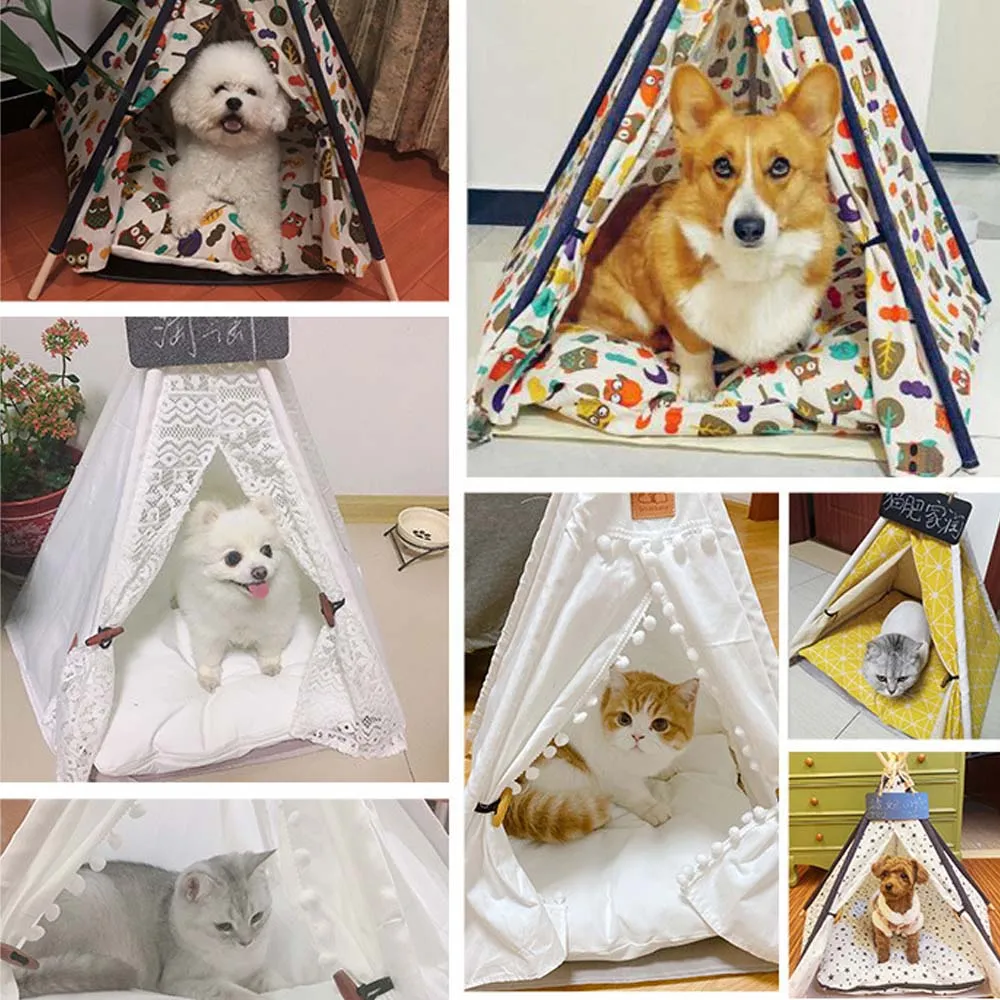 PAWS ASIA Manufacturers Luxury Design Wood Frame Foldable Dog Bed Tent Kennel Cat Teepee