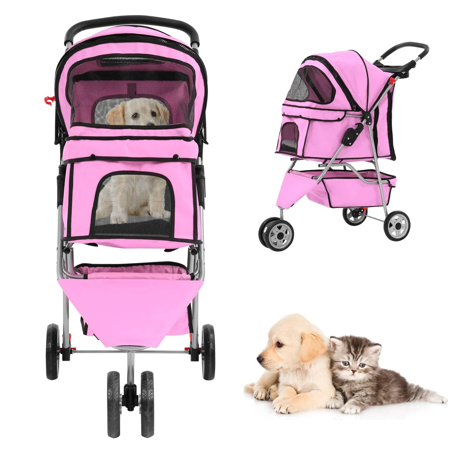 Pet Stroller Dog Stroller for Small Medium Dogs & Cats, 3 Wheel Folding Pet Travel Stoller Pet Jogger with Zipper Mesh Door and Storage Basket Easy Walk Pet Roadster for Puppy Animals- Pink
