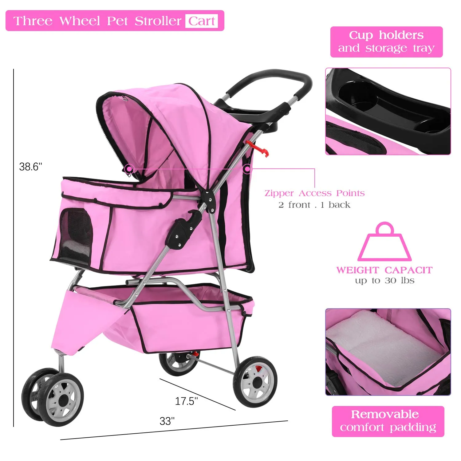 Pet Stroller Dog Stroller for Small Medium Dogs & Cats, 3 Wheel Folding Pet Travel Stoller Pet Jogger with Zipper Mesh Door and Storage Basket Easy Walk Pet Roadster for Puppy Animals- Pink