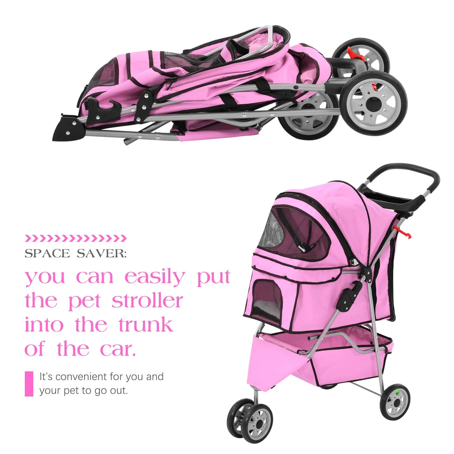 Pet Stroller Dog Stroller for Small Medium Dogs & Cats, 3 Wheel Folding Pet Travel Stoller Pet Jogger with Zipper Mesh Door and Storage Basket Easy Walk Pet Roadster for Puppy Animals- Pink