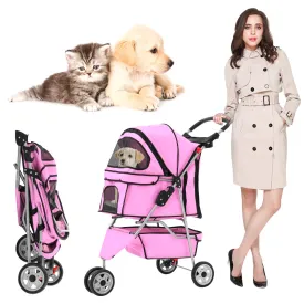 Pet Stroller Dog Stroller for Small Medium Dogs & Cats, 3 Wheel Folding Pet Travel Stoller Pet Jogger with Zipper Mesh Door and Storage Basket Easy Walk Pet Roadster for Puppy Animals- Pink