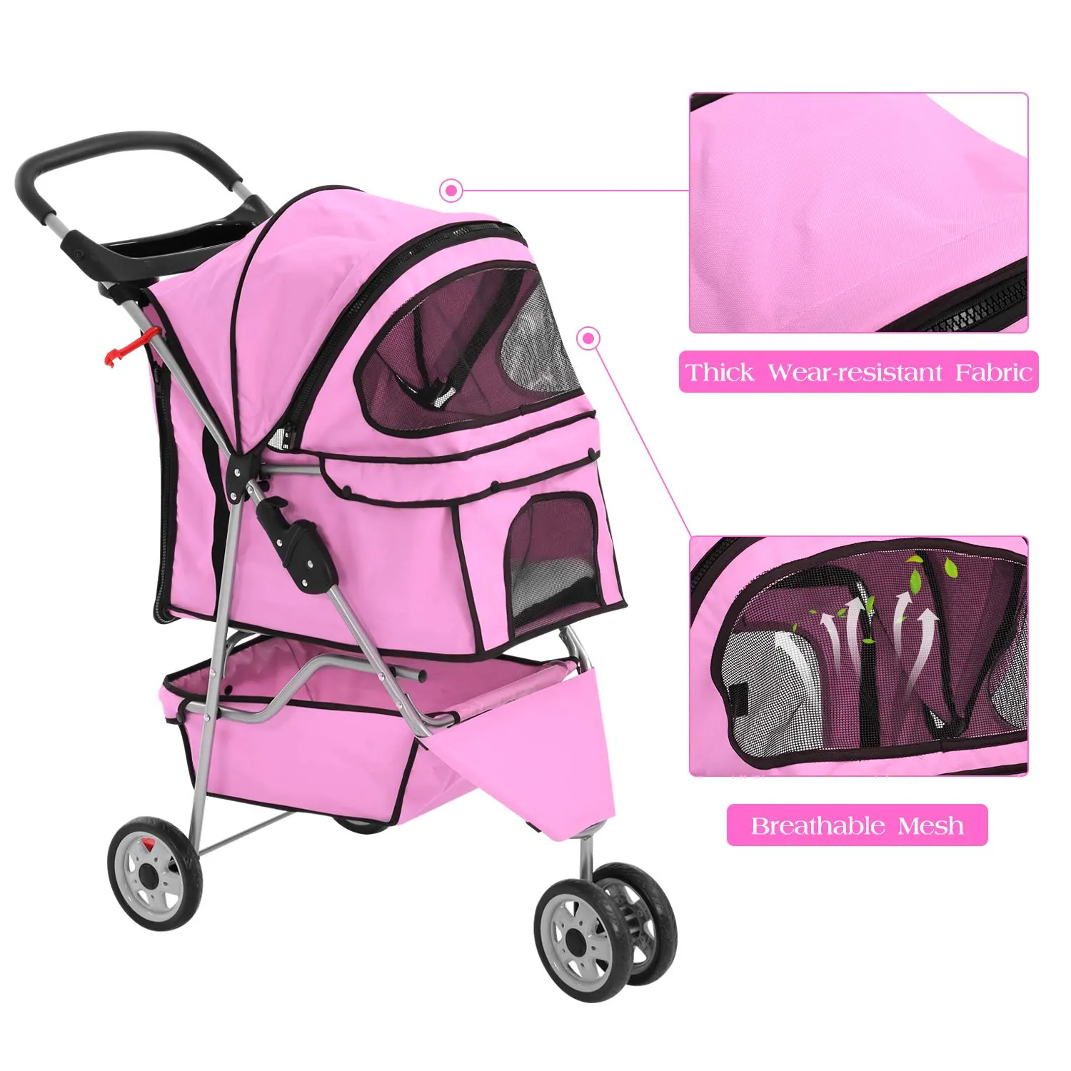 Pet Stroller Dog Stroller for Small Medium Dogs & Cats, 3 Wheel Folding Pet Travel Stoller Pet Jogger with Zipper Mesh Door and Storage Basket Easy Walk Pet Roadster for Puppy Animals- Pink