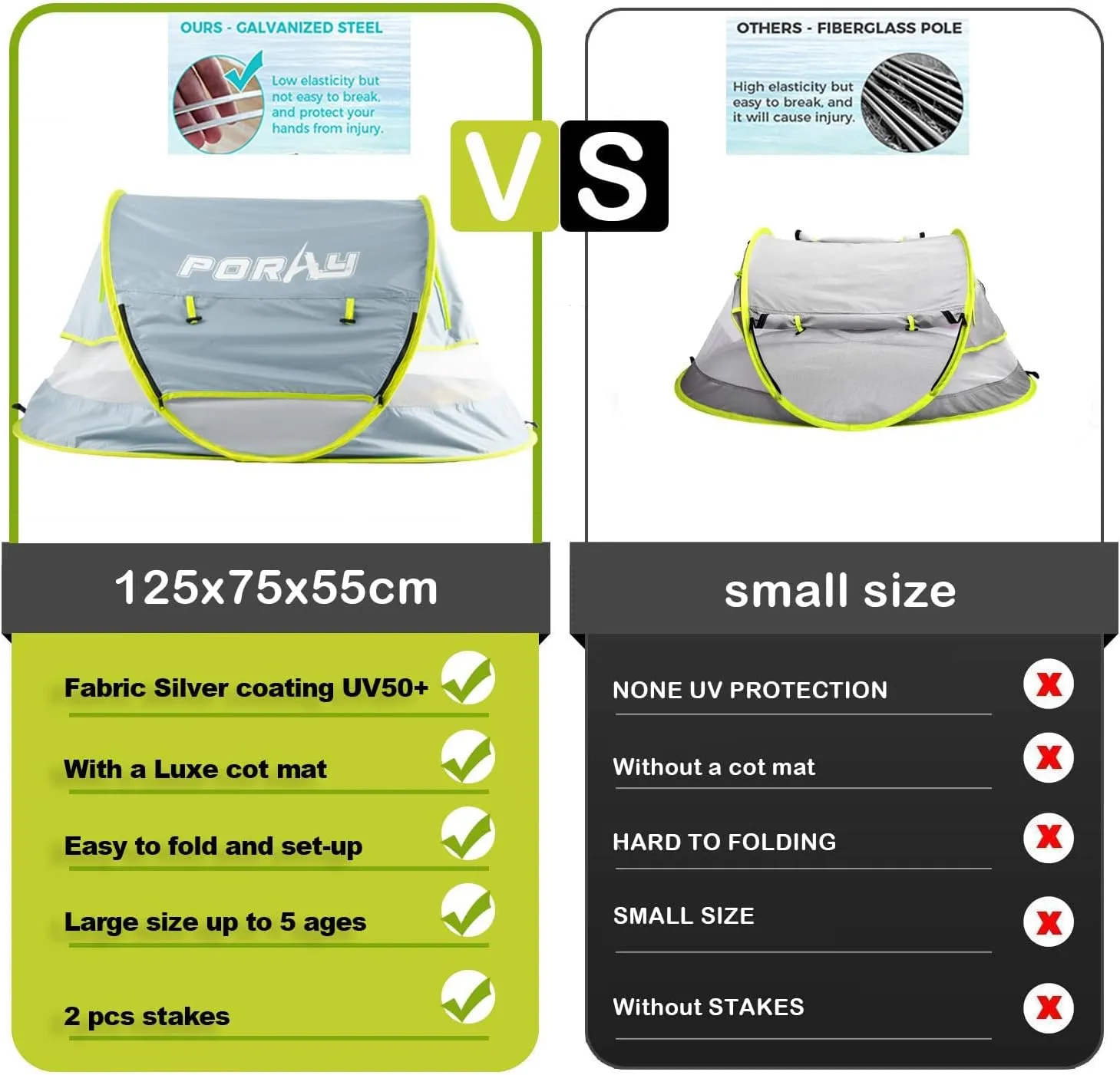Poray Portable Baby Beach Tent with UPF 50  Sun Shelter,Mosquito Net and Sunshade, Ideal Pop Up Kids Travel Tent with Carry Bag & 2 Stakes,Outdoor Indoor Play and Sun Protection