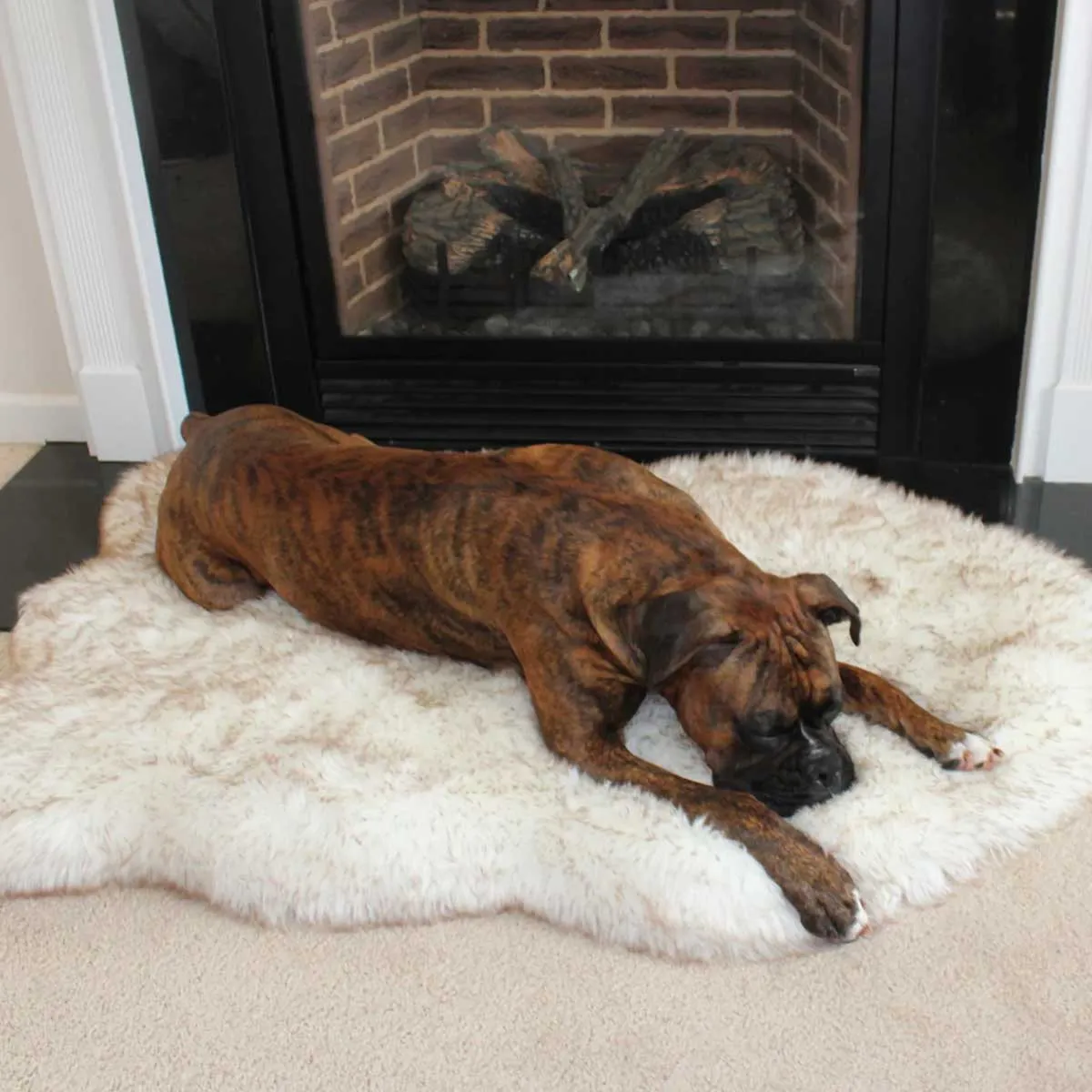 PupRug Faux Fur Curved Orthopedic Pet Bed - White with Brown Accents