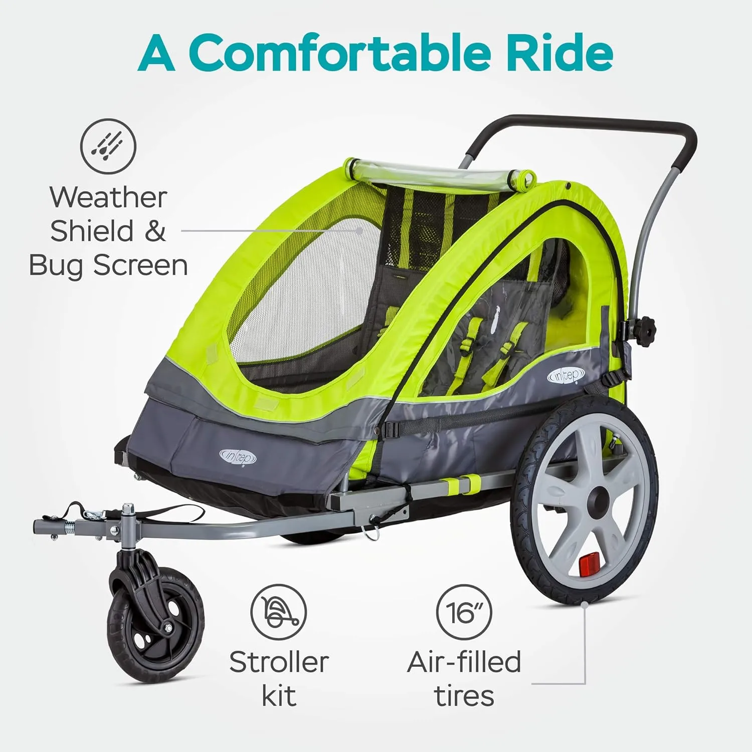 Quick-N-EZ Double Tow Behind Bike Trailer for Toddlers, Kids, Converts to Stroller, Jogger, 2-in-1 Canopy, Universal Bicycle Coupler, Folding Frame, Multiple Colors