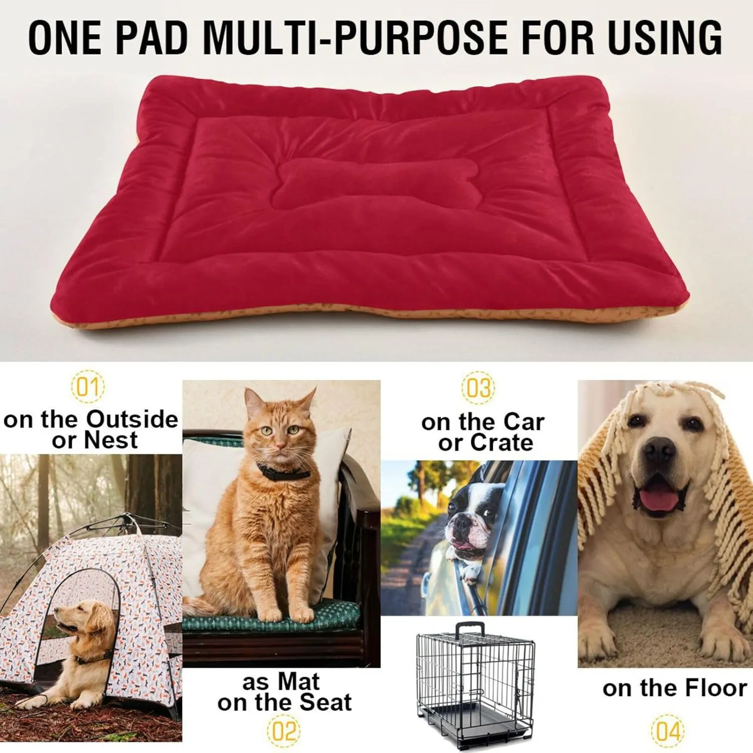 Red Solid Color Crate Pet Bed, Portable Washable Dog Cat Mat, Soft Comfortable Pet Mattress with Non-Slip Bottom for Dogs Cats Sleeping, 36 x 24 Inch