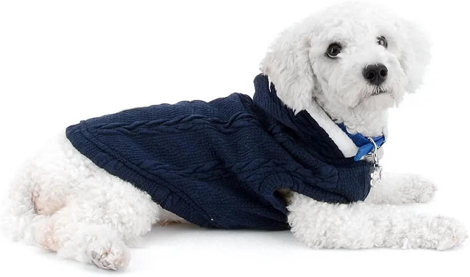 SMALLLEE_LUCKY_STORE Pet Soft Cable Knit Hooded Sweater Coat for Small Dog Cat Boy Girl Fleece Lined Winter Jacket Hoodie Cardigan Warm Puppy Clothes,Blue S