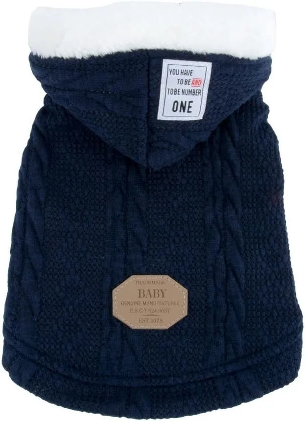 SMALLLEE_LUCKY_STORE Pet Soft Cable Knit Hooded Sweater Coat for Small Dog Cat Boy Girl Fleece Lined Winter Jacket Hoodie Cardigan Warm Puppy Clothes,Blue S