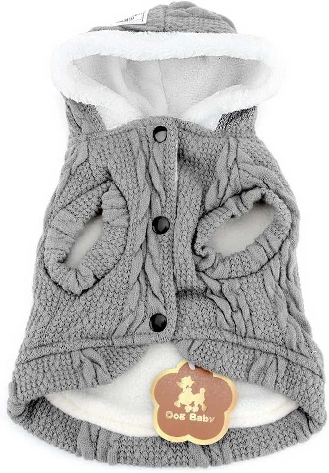 SMALLLEE_LUCKY_STORE Pet Soft Cable Knit Hooded Sweater Coat for Small Dog Cat Boy Girl Fleece Lined Winter Jacket Hoodie Cardigan Warm Puppy Clothes,Grey S