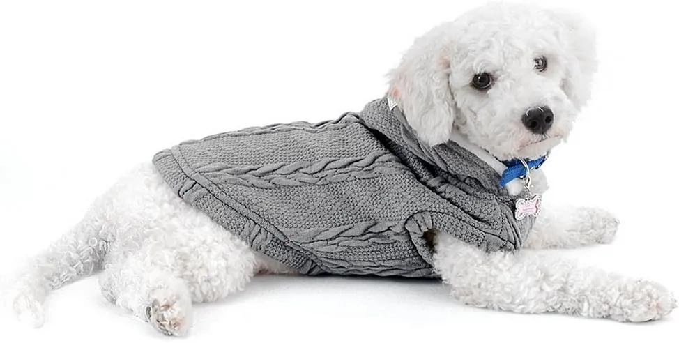 SMALLLEE_LUCKY_STORE Pet Soft Cable Knit Hooded Sweater Coat for Small Dog Cat Boy Girl Fleece Lined Winter Jacket Hoodie Cardigan Warm Puppy Clothes,Grey S