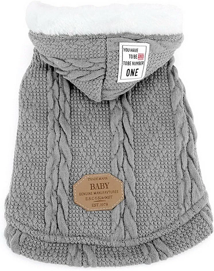 SMALLLEE_LUCKY_STORE Pet Soft Cable Knit Hooded Sweater Coat for Small Dog Cat Boy Girl Fleece Lined Winter Jacket Hoodie Cardigan Warm Puppy Clothes,Grey S
