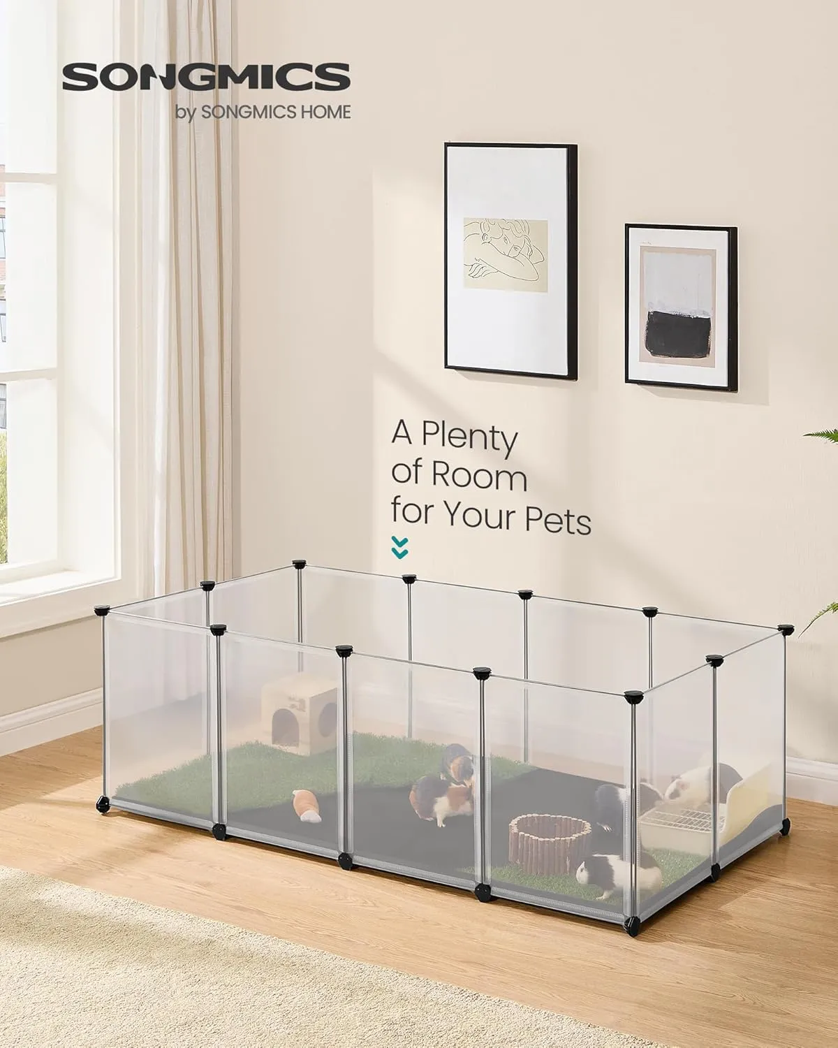 SONGMICS Guinea Pig Playpen, Removable Oxford Fabric Mat, Small Animal Pen, Pet Fence Indoor, DIY Plastic Enclosure for Hamsters, Rabbits, Hedgehogs, 56.3 x 28.7 x 18.1 Inches, White ULPC012W01