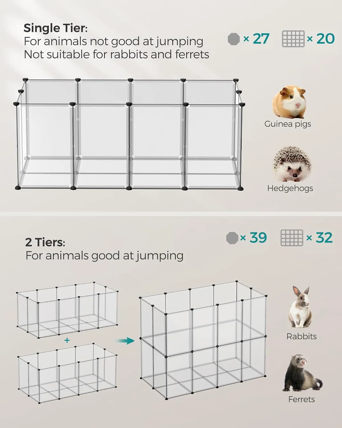 SONGMICS Pet Playpen with Floor, Small Animal Pen, Pet Fence Indoor, DIY Plastic Enclosure for Hamsters, Hedgehogs, 57.1 x 28.3 x 22.4 Inches, White ULPC007W01