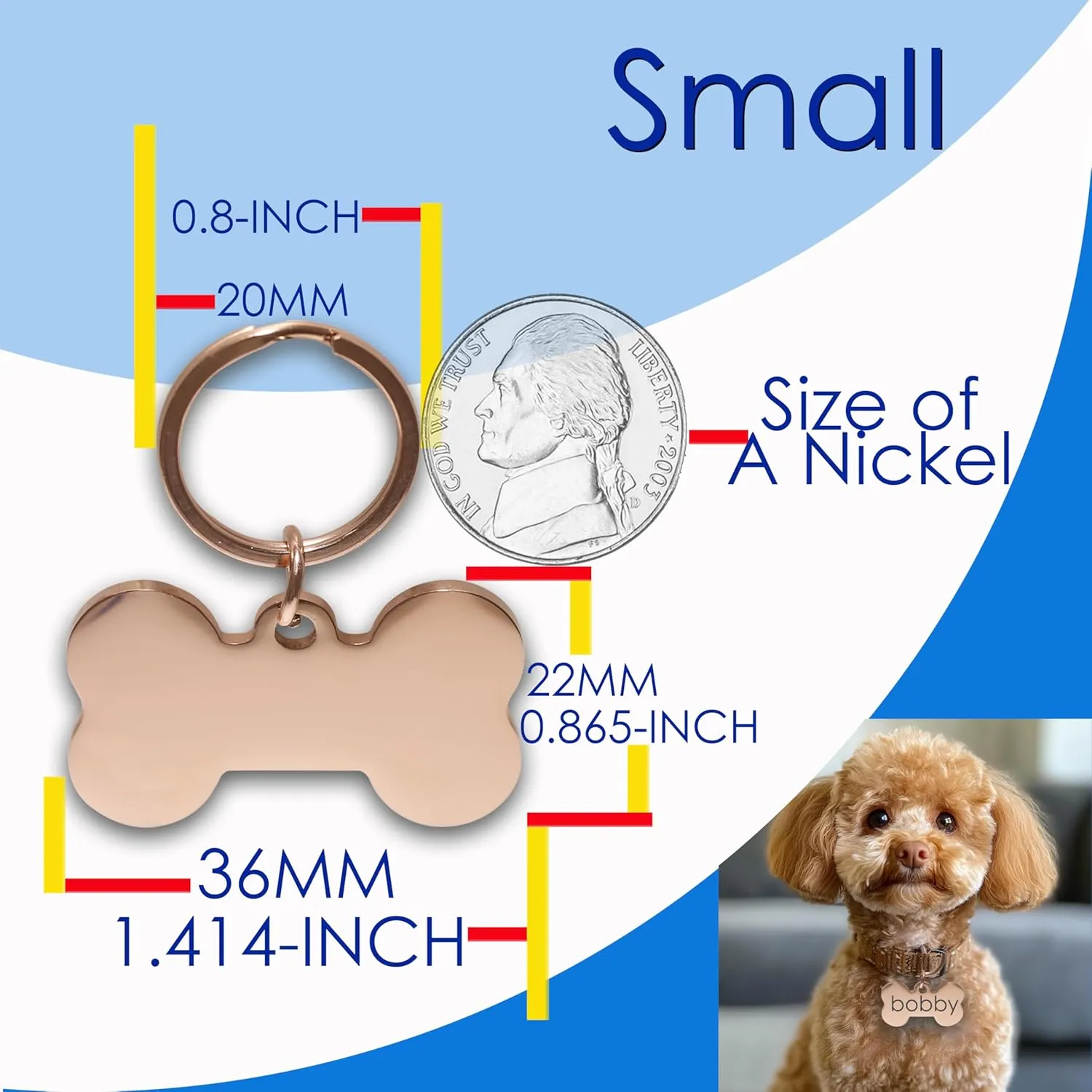Stainless Steel Dog & Cat Tags - Personalized Pet ID Tags, Engraved on Both Sides - Bone, Heart & Round-Shaped (Bone, Small)