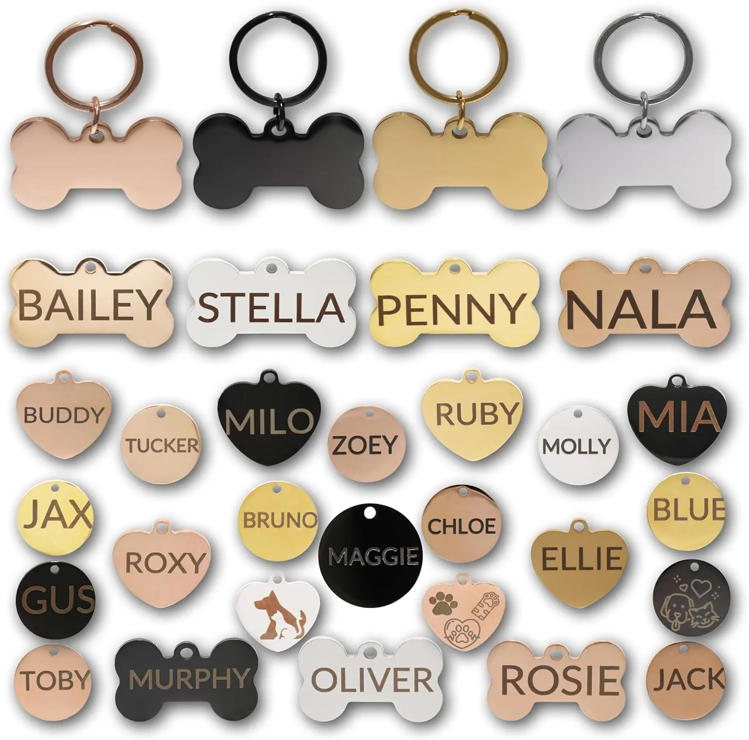Stainless Steel Dog & Cat Tags - Personalized Pet ID Tags, Engraved on Both Sides - Bone, Heart & Round-Shaped (Bone, Small)