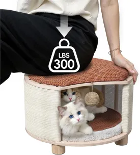 Superpower Bearing Capacity Solid Wood Cat House Stool- Large Cat Cave for Indoor Cats and People, with Fluffy Ball Hanging and Removable Scratch Pad, Support 300 Pounds,16.1x16.1x8.3 inches, Brown