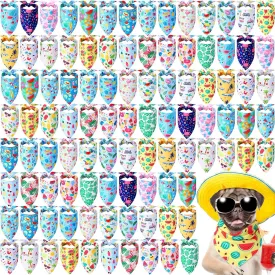 Sweetude 100 Pieces Hawaiian Dog Bandanas Bulk,Summer Bandanas for Dogs Fruit Flamingo Palm Leaves Pattern Pet Triangle Scarf Puppy Kerchief Bibs for Medium Small Pets Summer Costume Accessories