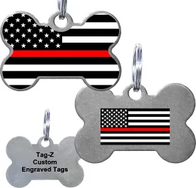 Thin Red Line Flag, Firefighters, Pet ID Tags, Custom Printed and Laser Engraved, Stainless Steel Bone Shape Includes Split Ring and Silencer