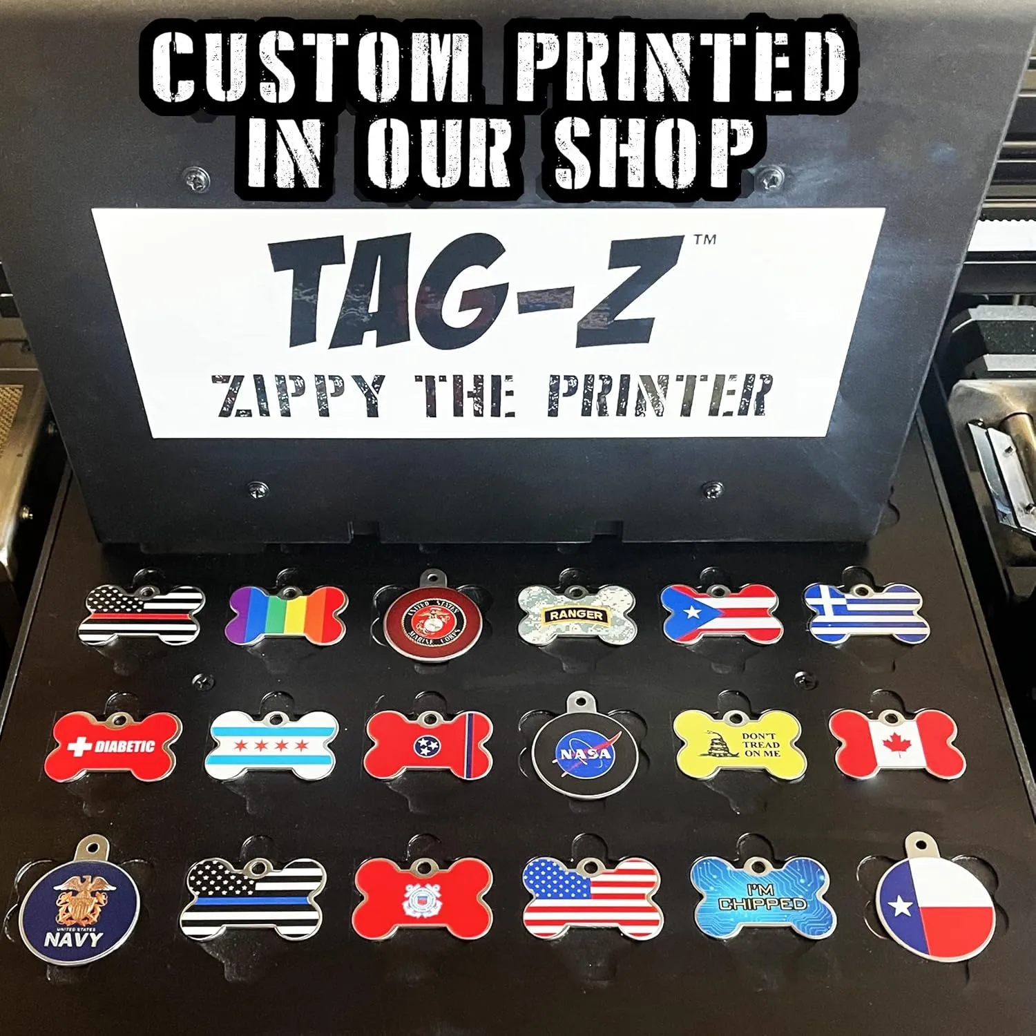Thin Red Line Flag, Firefighters, Pet ID Tags, Custom Printed and Laser Engraved, Stainless Steel Bone Shape Includes Split Ring and Silencer