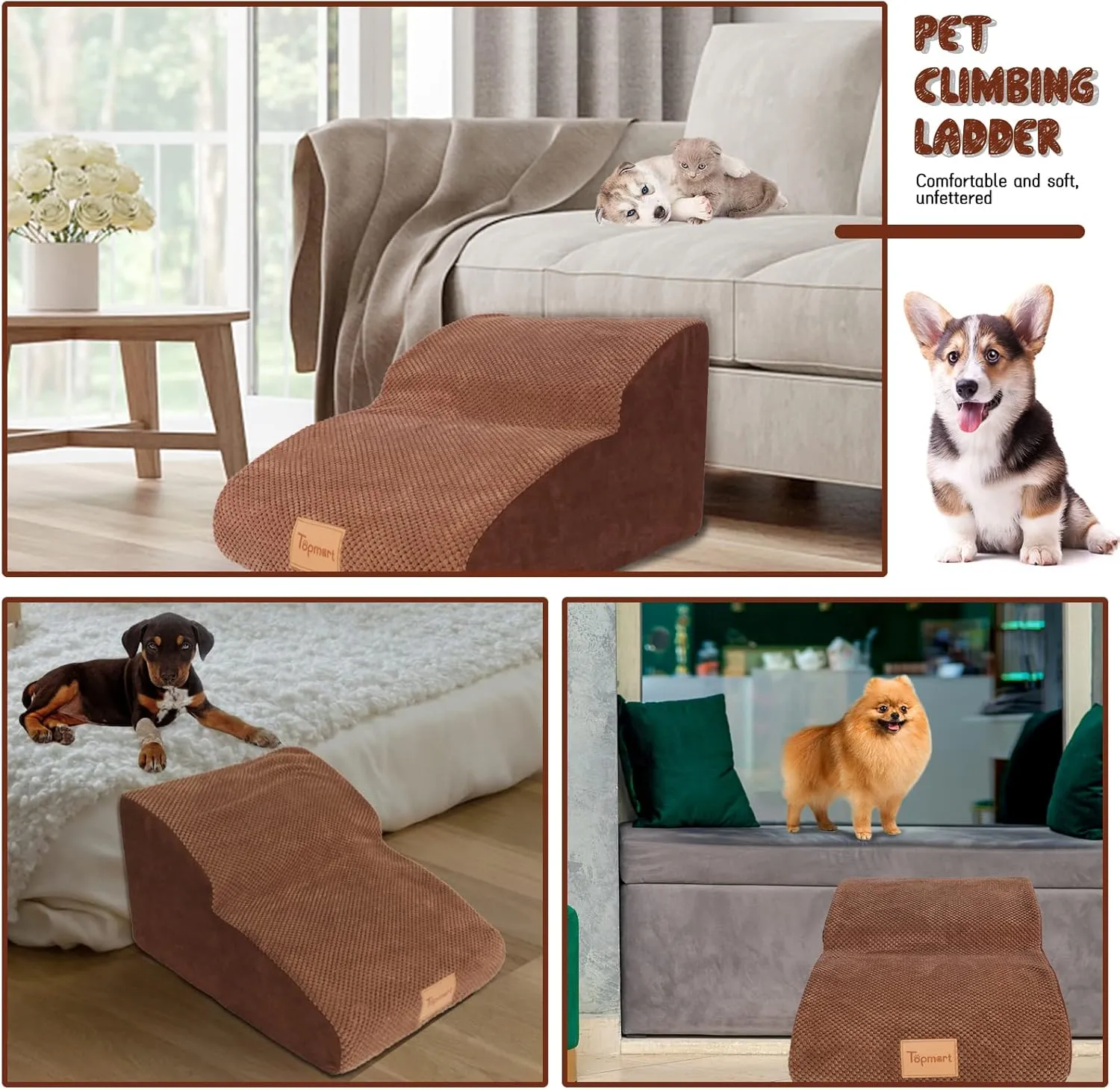 Topmart High Density Extended Foam Dog Ramp&Steps 2 Tiers,11.8" High,Non-Slip Dog Stairs,Soft Foam Pet Ladder with Waterproof Cover,Best for Injured,Older Cats,Pets with Joint Pain