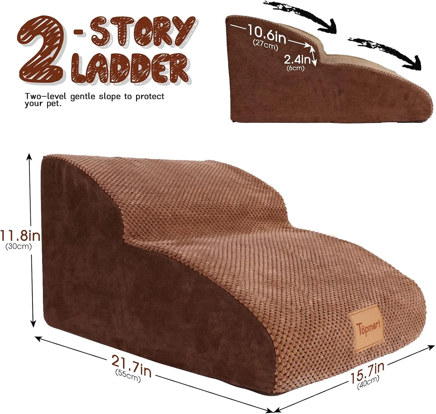 Topmart High Density Extended Foam Dog Ramp&Steps 2 Tiers,11.8" High,Non-Slip Dog Stairs,Soft Foam Pet Ladder with Waterproof Cover,Best for Injured,Older Cats,Pets with Joint Pain