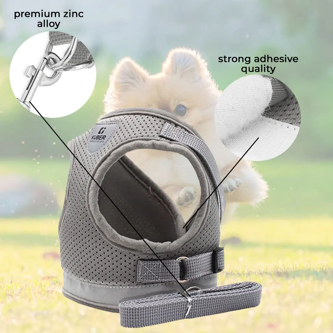 Urbane Home Reflective Dog Harness With Adjustable Leash|Breathable Polyester Mesh Fabric |Medium Size|HT-844|Comfortable No-Pull Grip|Quick Release Buckles|Easy On - Easy Off Harness|Grey