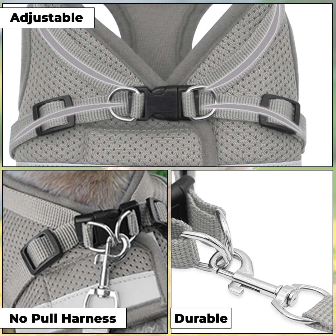 Urbane Home Reflective Dog Harness With Adjustable Leash|Breathable Polyester Mesh Fabric |Medium Size|HT-844|Comfortable No-Pull Grip|Quick Release Buckles|Easy On - Easy Off Harness|Grey