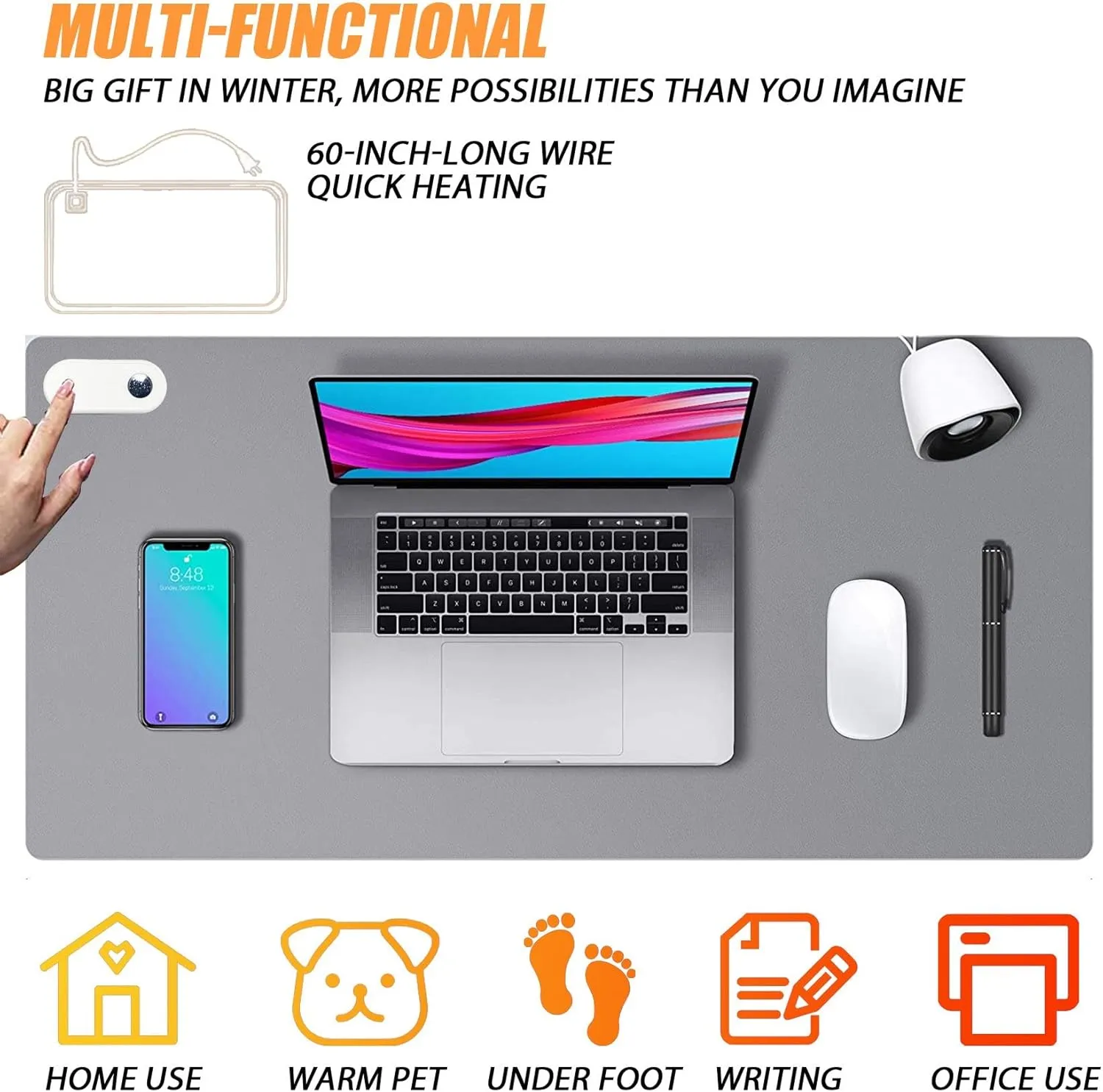 Warm Desk Pad, Heated Mouse Pad, Keyboard Mat, Electric Heating Desk Pad with 5 Heating Levels & 3 Hours Auto Shut-Off, PU Leather Office Desk Mat, 31.5" x 13" Large (Grey)