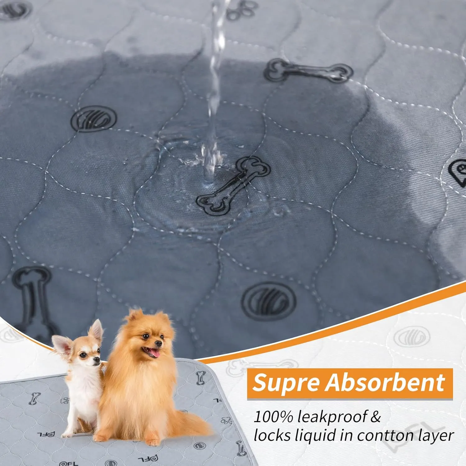 Washable Pee Pads for Dogs, 2Pack Puppy Pads Washable,Absorbent Reusable Whelping Pads Non-Slip Dog Mats with Bone Print for Floor Protector, Couch Cover, Crate, Potty Training 36x41