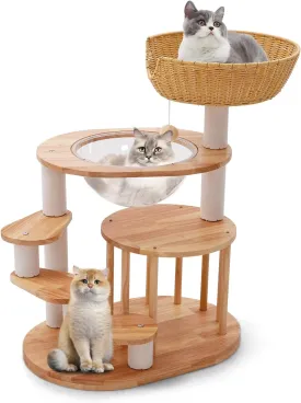 Wooden Cat Tower 31",Wooden Cat Tree Heavy Duty Sisal-Covered Scratching Posts for Multi-Layer Cat Tree, Space Capsule Bed Easy to Assemble