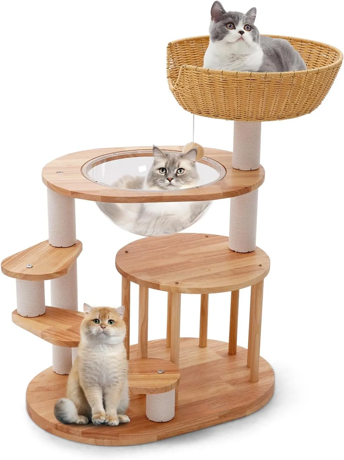 Wooden Cat Tower 31",Wooden Cat Tree Heavy Duty Sisal-Covered Scratching Posts for Multi-Layer Cat Tree, Space Capsule Bed Easy to Assemble