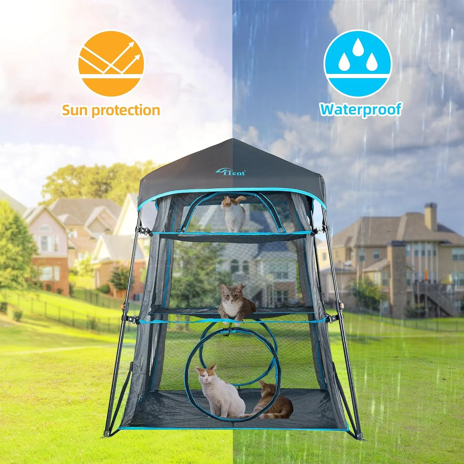 X-Large Triple Catio Outdoor Cat Enclosure,Pop Up Cat Tent Outdoor Weatherproof & Sunproof with Waterproof Floor, Foladable and Portable for Patio, Deck,Camping, Indoors & Outdoors(Patented)