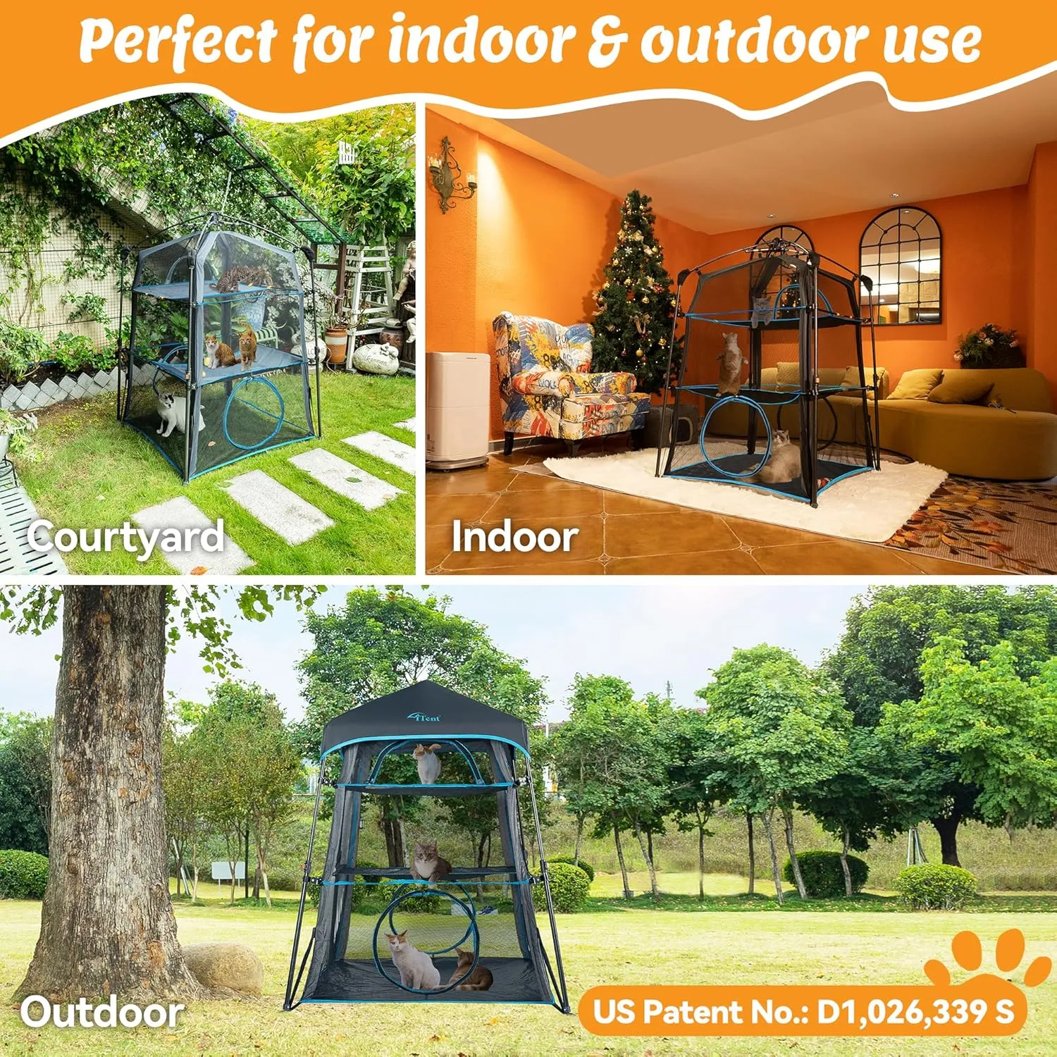 X-Large Triple Catio Outdoor Cat Enclosure,Pop Up Cat Tent Outdoor Weatherproof & Sunproof with Waterproof Floor, Foladable and Portable for Patio, Deck,Camping, Indoors & Outdoors(Patented)