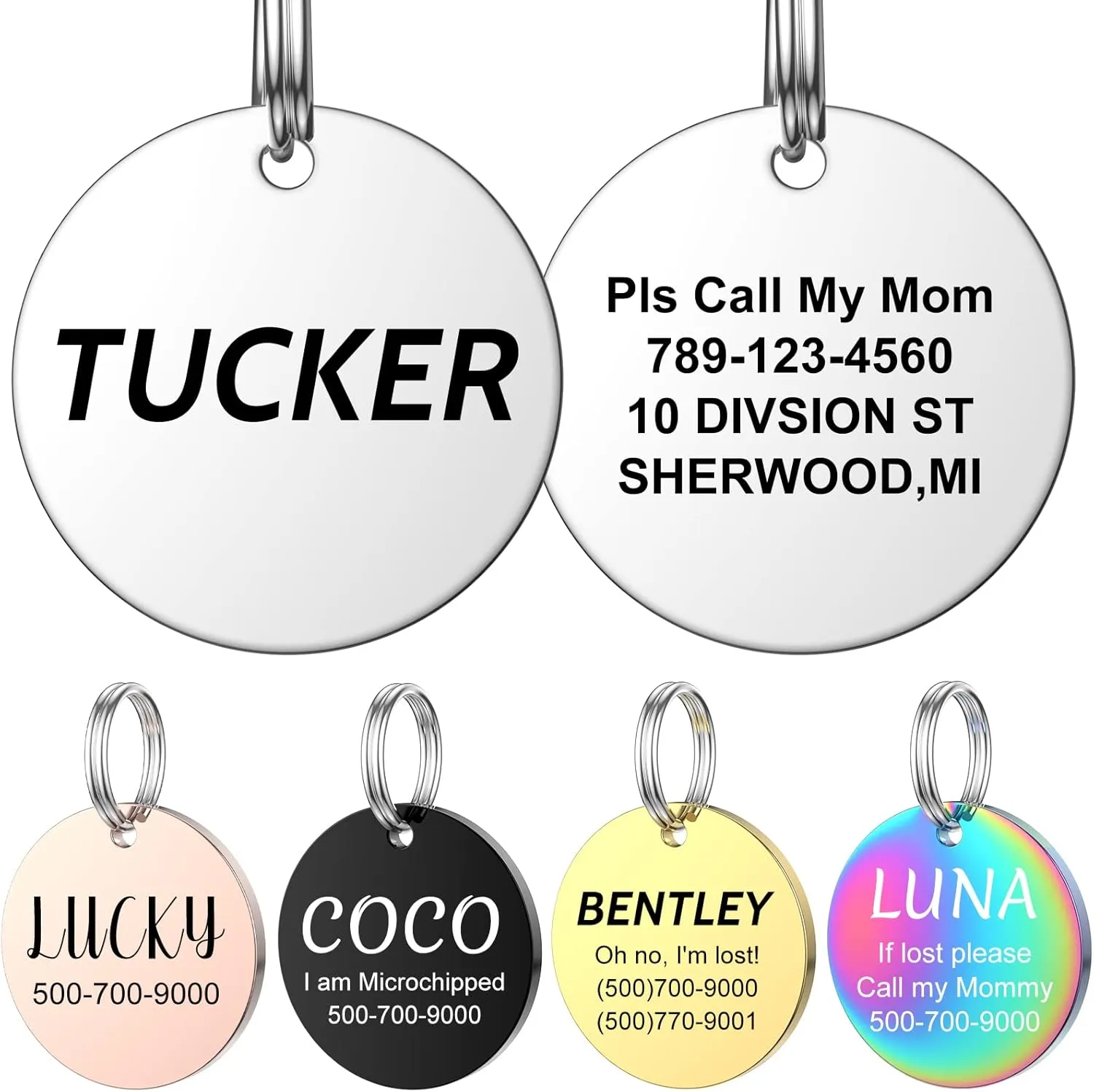 YEHANTI Pet ID Tag Engraved Dog Tags and Cat Tags, Durable Stainless Steel Personalized Dog Tags with 8 Lines of Customizable Text Available, Custom Identification Tag, Laser Deep Engraving (Round)