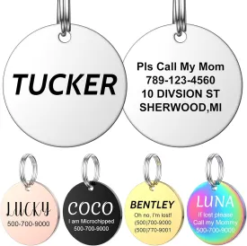 YEHANTI Pet ID Tag Engraved Dog Tags and Cat Tags, Durable Stainless Steel Personalized Dog Tags with 8 Lines of Customizable Text Available, Custom Identification Tag, Laser Deep Engraving (Round)